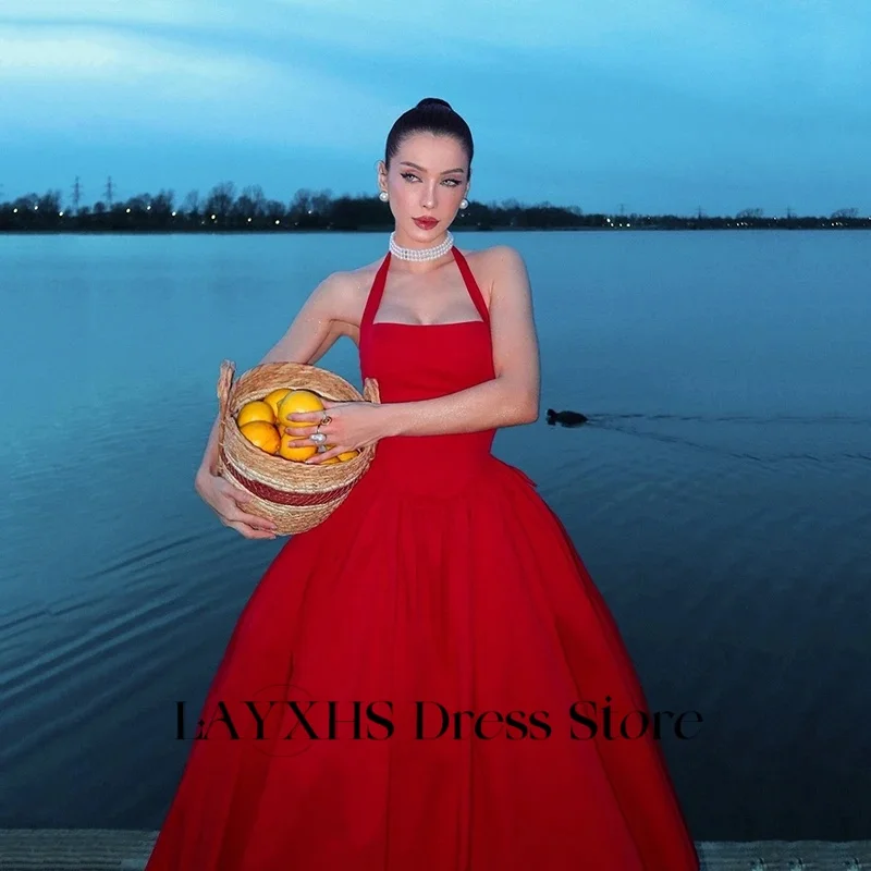 LAYXHS Sexy Vermelho Halter Vestidos de Noite Backless A Linha de Tule Chá-Comprimento Vestidos de Baile Formais Personalizados فساتmaveraات