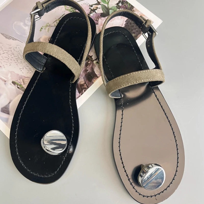 

Jenny&DaveFrench Lazy Minimalist Genuine Leather Cow Suede Stitching Comfortable Flat Shoes Summer Roman Sandals Shoes Women