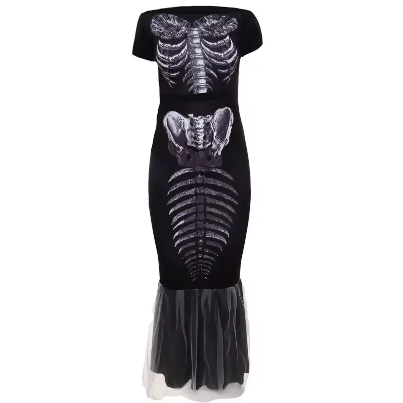 Halloween Scary Fish Bone Skeleton Spooky Costume Women Devil  Dress Long Horror Adult Evil Outfit