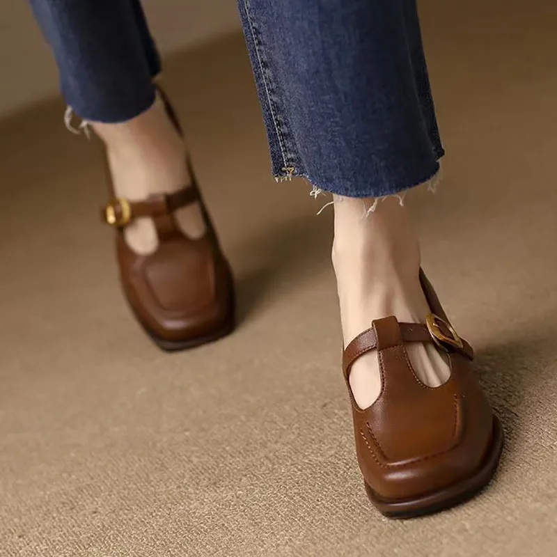 Women\'s T Strap Leather Shoes Square Toe Oxford Shoes Brown Mid Heels Designer Shoes Black Pumps Chunky Sewing Dress shoes