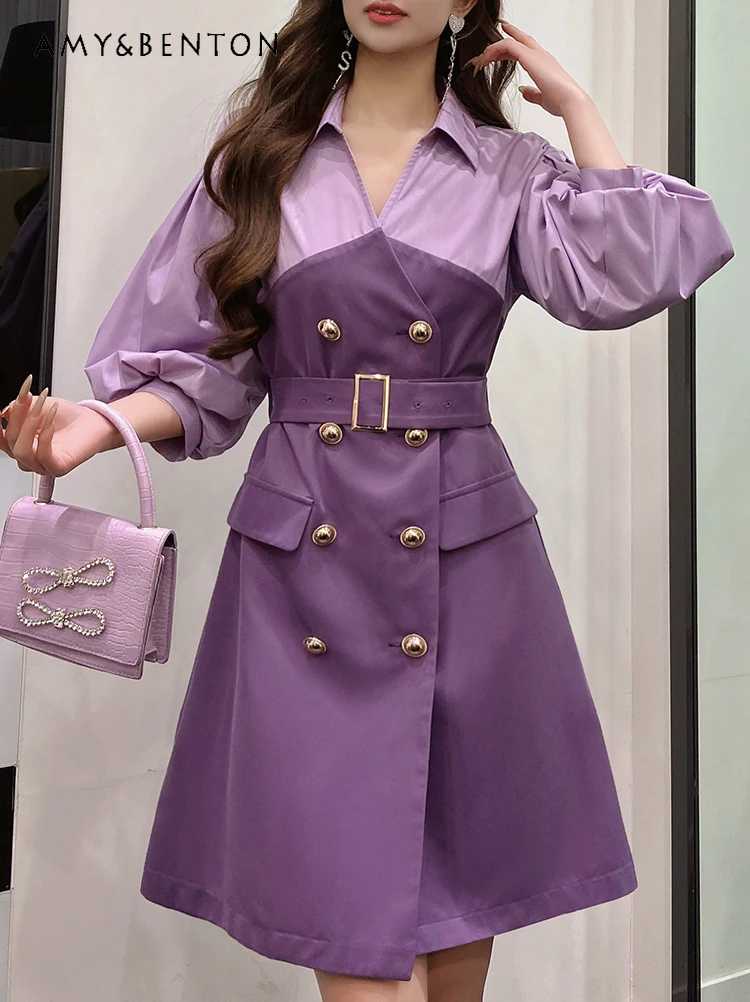 

French V-neck Office Lady Puff Sleeve Lapel Shirt Stitching Double Breasted Dresses Spring High Sense Fashion Elegant Mini Dress