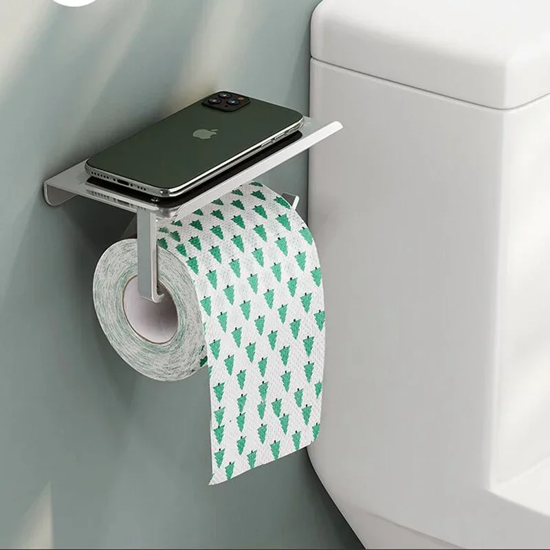 Soporte de papel higiénico de aleación de aluminio, estante con bandeja, accesorios de baño, colgante de pared de cocina, portarrollos de papel higiénico sin perforaciones