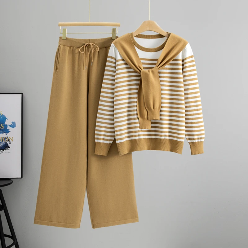 

Women Fashion 2 Piece Sets Stripe Knitted Pullover Sweater & Elastic Waist Wide Leg Trousers Chic Lady Tops Outfits Autumn
