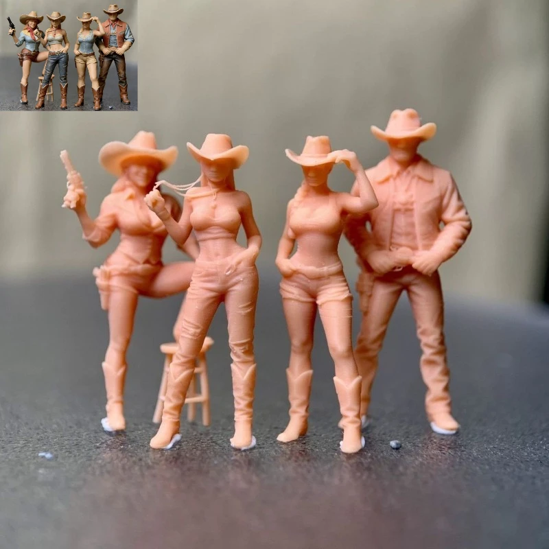 1:64 Scale Western Cowboys White Mold Dolls Miniature Painted Ornaments Approximately 26mm-28mm High (set of 4 Figures)