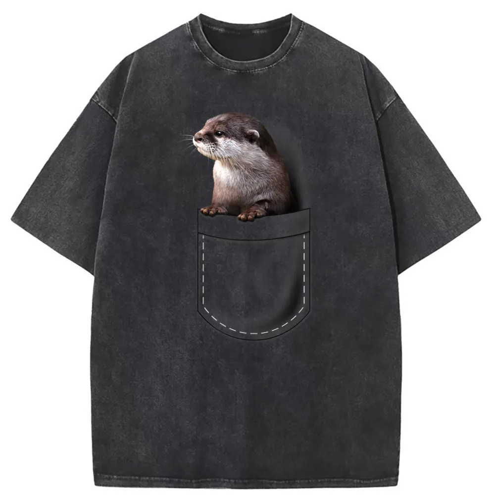 Cute Otter Pocket Peeking Graphic Men T-shirts Unisex Europe Streetwear Long Sleeve Tshirts Man Fall Oversized Tshirt Sweatshirt