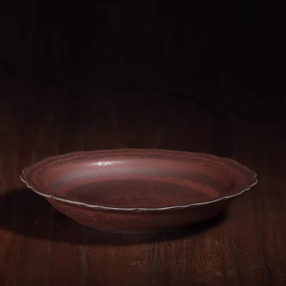 Jun Porcelain Carbon-fired Flower-mouth Pot Holder Engraved Golden Black Copper Citrus Pattern Ancient Color Variation Plate