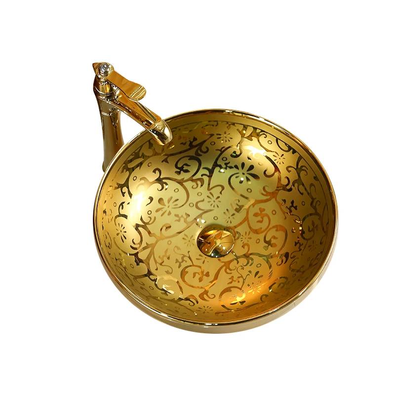 

European style gold countertop basin hand washing ceramic art basin household gold round countertop washbasin