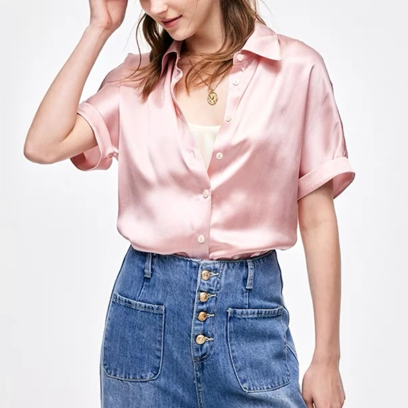 Primavera verão cetim branco blusas femininas 2025 novo único breasted manga curta casual solto coreano camisas elegantes para mulheres
