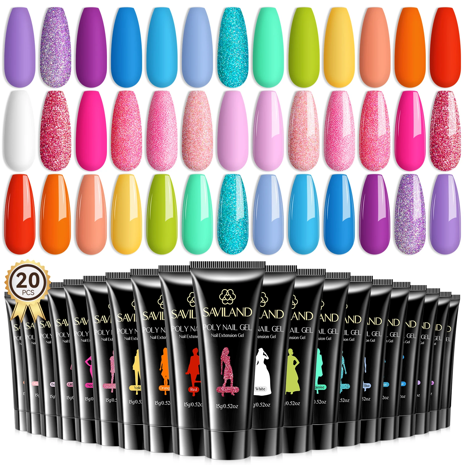 Saviland 20 Colors Poly Nail Gel Quickly Extension Semi Permanent Crystal Builder Extension Gel for Home Nail Art DIY Salon