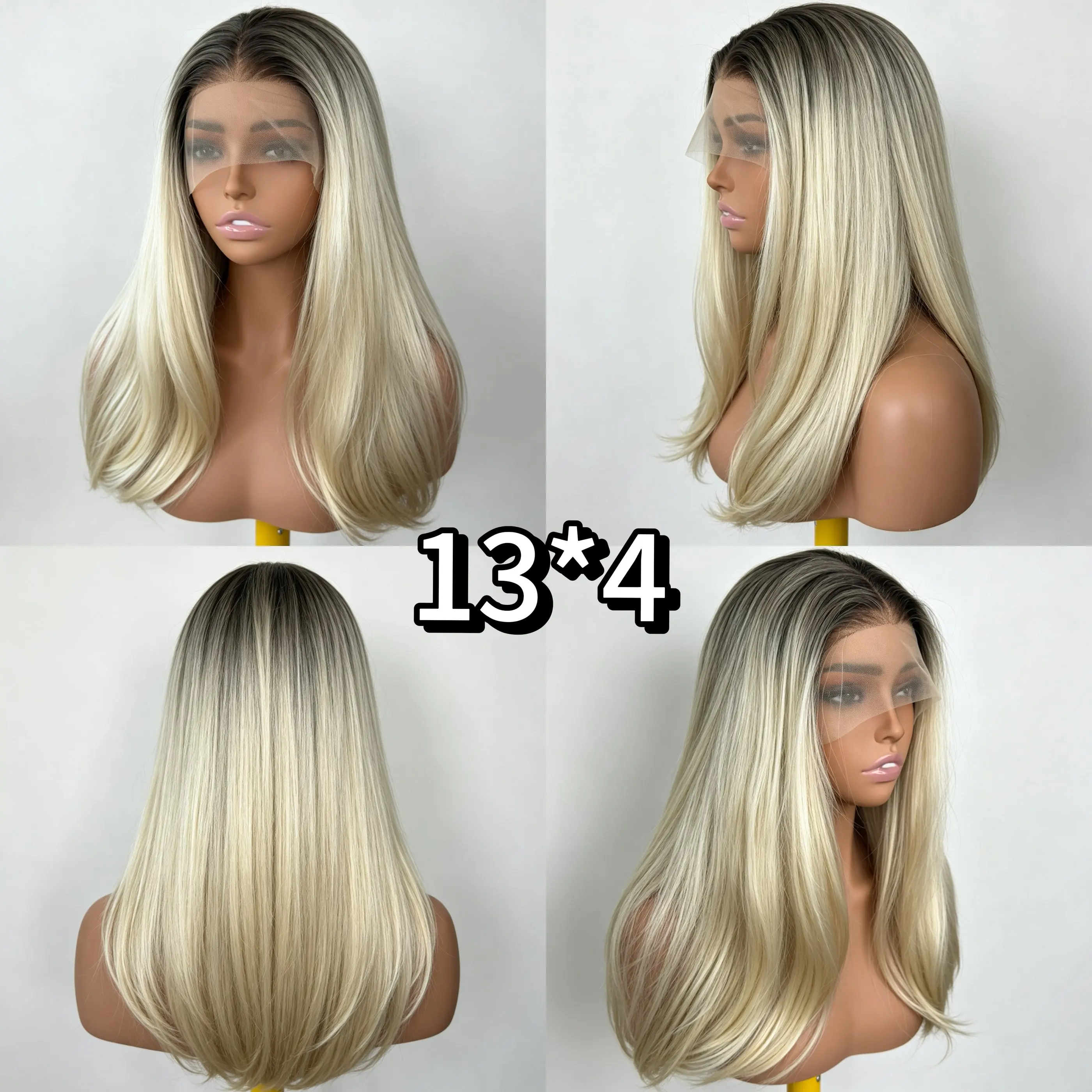 13x4 Ombre Dark Root Blonde Lace Front Wig for Women 180% Density Premium Protein Fiber Pre-Plucked Natural Hairline Heat Resist