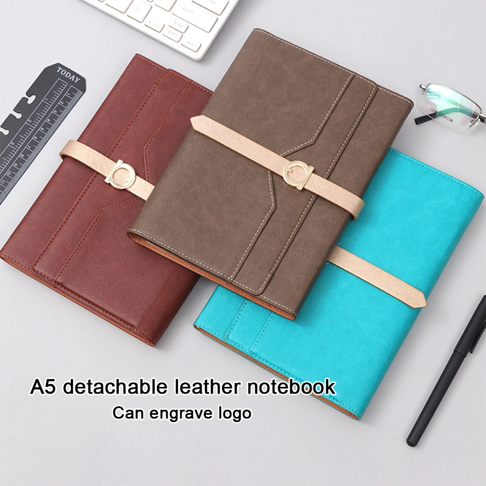 (Can Engrave Logo) A5 Leather Buckle Subject Notebook, Business Notebook, Meeting Minutes, Student Diary, Removable Inner Pages