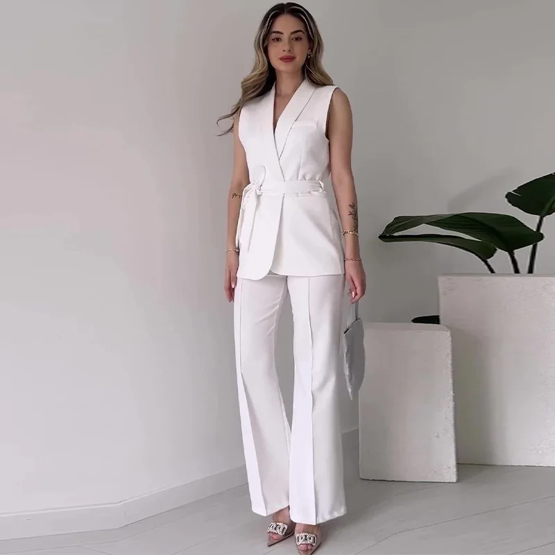 Elegant Office Lady Two Piece Sets Turn Down Neck Sleeveless Top With Long Pants Suit Autumn Solid Slim Set Women Party Outfit