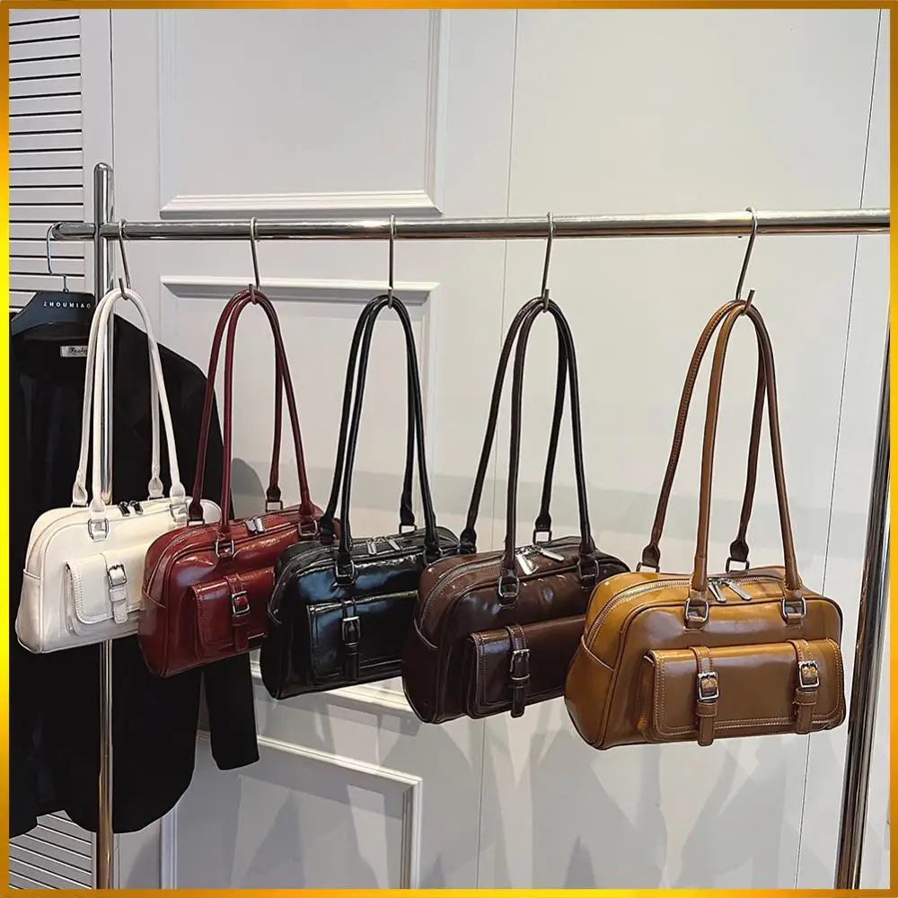 

Boston Tote Bag for Women with Multi-Pockets Bowling Bag PU Leather Solid Color Underarm Bag Zipper for Work Travel