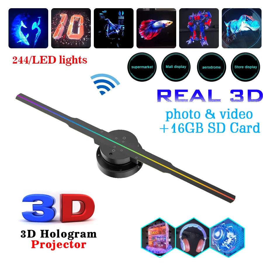 42cm 3D Holographic Fan Wifi Remote Custom ICONS DIY Video LOGO LED Neon Lights Rotating Display AD 3D Holographic Projector