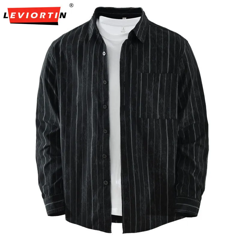 Spring and Autumn Men's Japanese Trendy Fashion Versatile Literary Leisure Loose and Simple Striped Long Sleeve Shirt Top