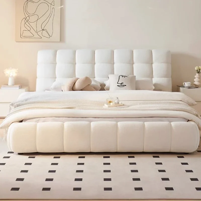 Nordic Fabric Queen Bed Puff New White Master King Size Comferter Double Bed Wood Frame Letto Matrimoniale Bedroom Furniture