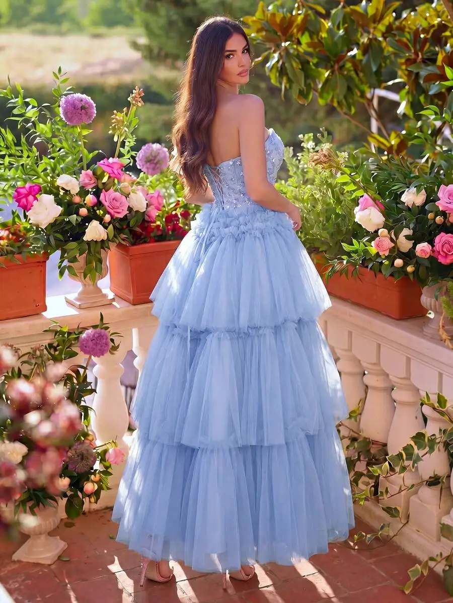 

Strapless Beaded Corset Prom Dress With Tiered Tulle Skirt For Parties Weddings