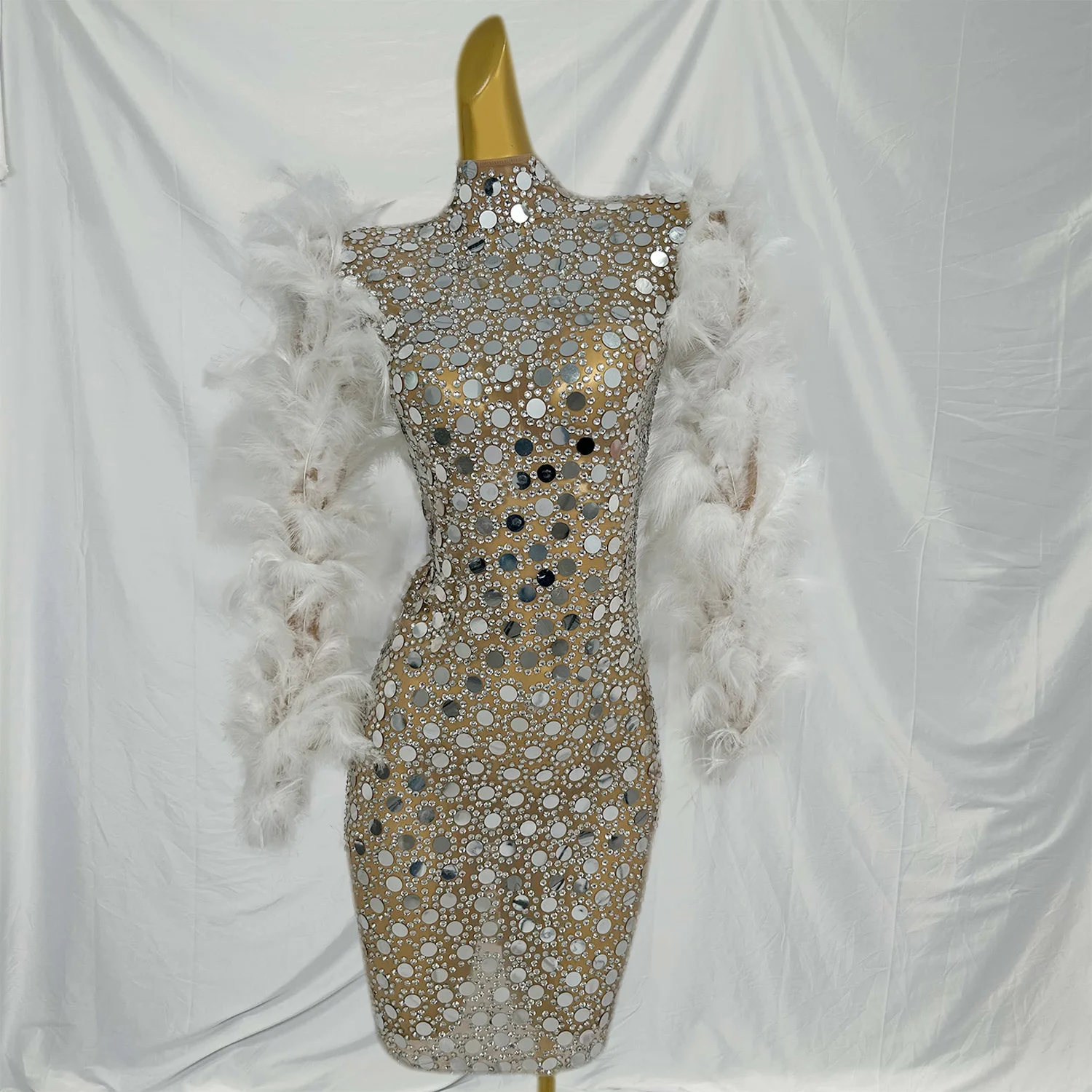 Pianyuxiu brilhante lantejoulas espelhos feminino sexy penas manga bodycon mini vestido celebrar festa de aniversário sessão de fotos palco wear