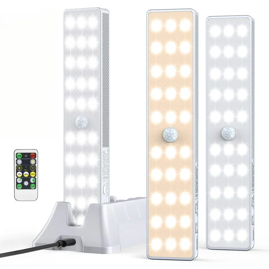 

Светильник для шкафа с зарядной станцией, 3 шт., 3 цветовые температуры, 30 светодиодов, диммер, перезаряжаемый, с датчиком движения, подсветка под шкаф