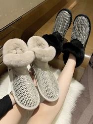 Stivali con tacco piatto donna nuove calzature invernali 2022 punta tonda scarpe femminili in cristallo Australia strass donna neve caviglia gomma bassa