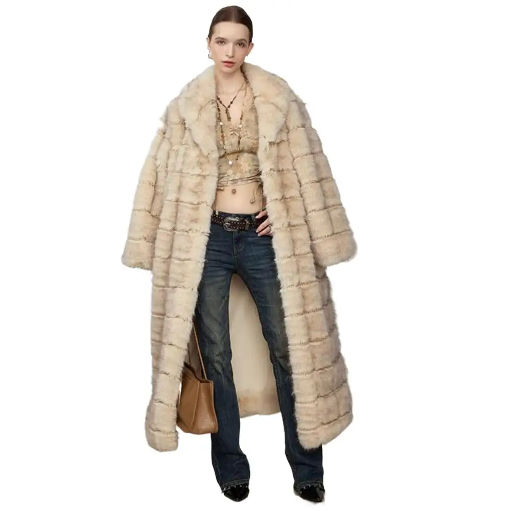 Winter Apricot With Gray Tips Embossing Strip Pattern Soft Mink Faux Fur Coat Women Lapel Full Sleeve Loose Maxi Long Outerwear