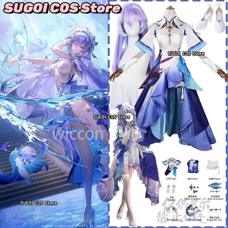 

Аниме игра Wuthering Waves косплей костюм Cantarella Jirai Kei для девочек Aqua фиолетовое нерегулярное платье для торта Лолита парики костюмы