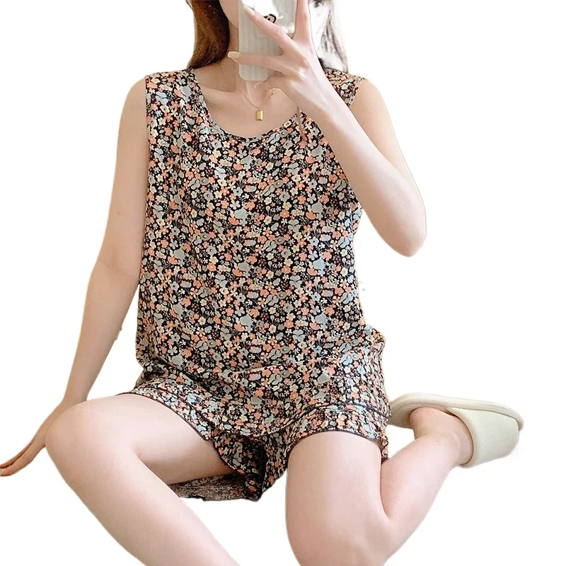 夏用半袖サスペンダー人工綿セット女性用ノースリーブベストエアコンラウンジウェア綿とシルクのパジャマ