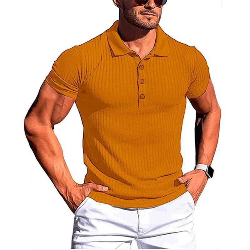 Summer new plus-size men's casual T-shirt sports fitness fashion elastic vertical solid color short-sleeved POLO shirt