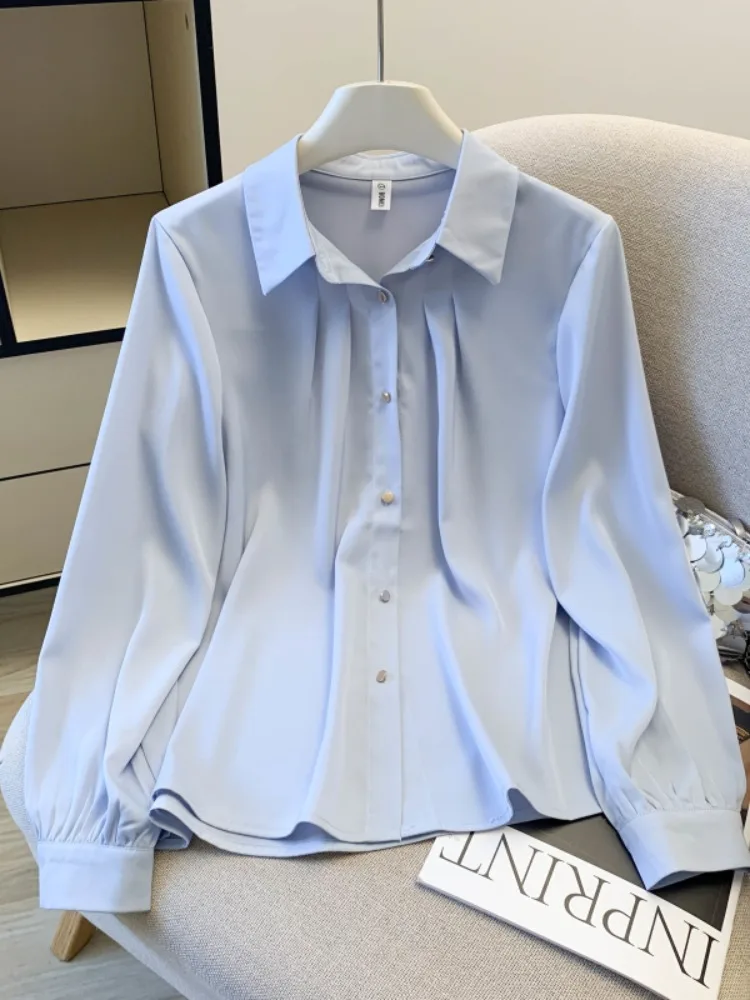 

Синяя атласная женская блузка с длинным рукавом, свободного кроя, элегантный топ, стройнящий силуэт, весна 2026, новинка, простой дизайн, полиэстер