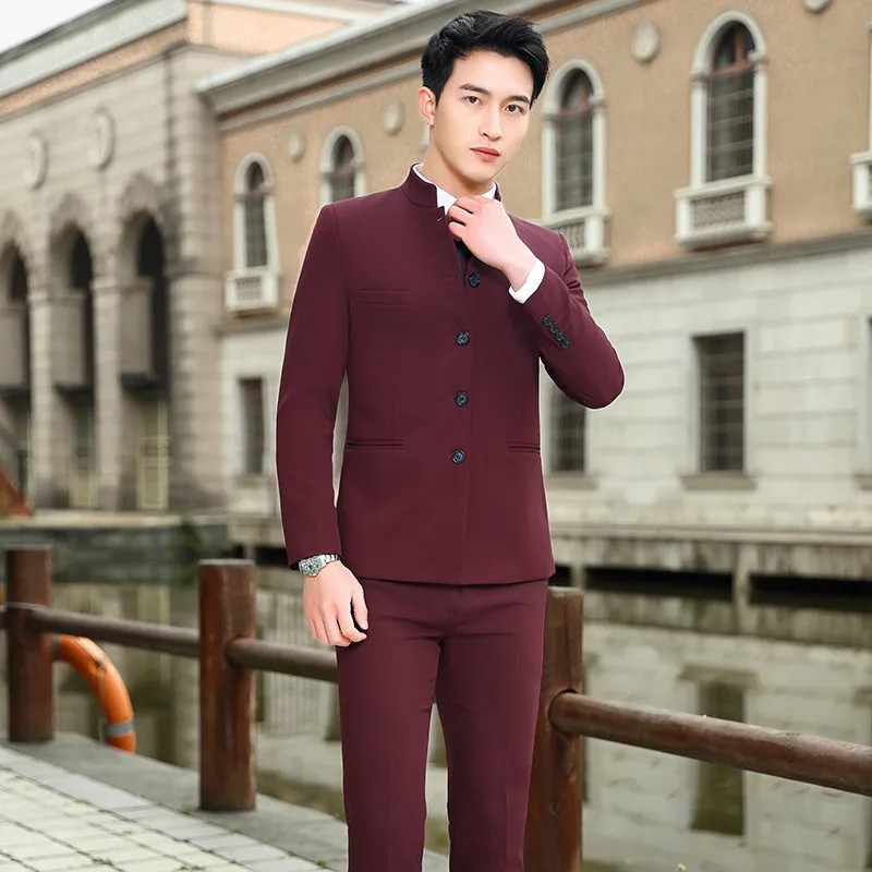 V3005 Men's suit two-piece suit Korean style stand-up collar small suit professional best man groom wedding Zhongshan suit dress