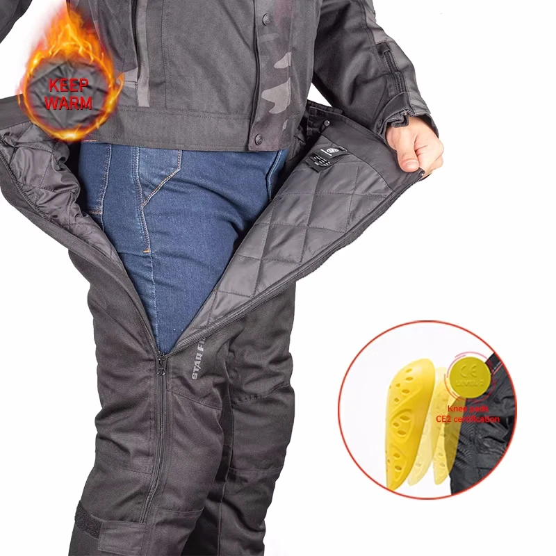 Pantalones de moto Star Field Knight para hombre y mujer, pantalones de montar impermeables cálidos de invierno de despegue rápido con accesorios de protección CE