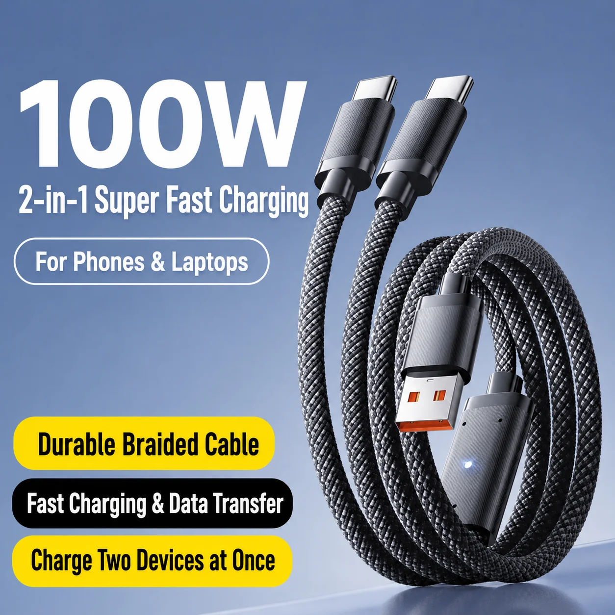 Dual-Port Type-C Cable: One Cable, Two Ports 100W Fast Charging Compatible with Apple iPhone 16/17, Huawei Devices Multi-Port C