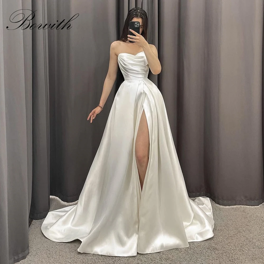 

Bowith Simple Elegant Wedding Dresses 2025 Strapless Soft Satin High Slit Bridal Gown Boho Wedding Party Dresses Customized