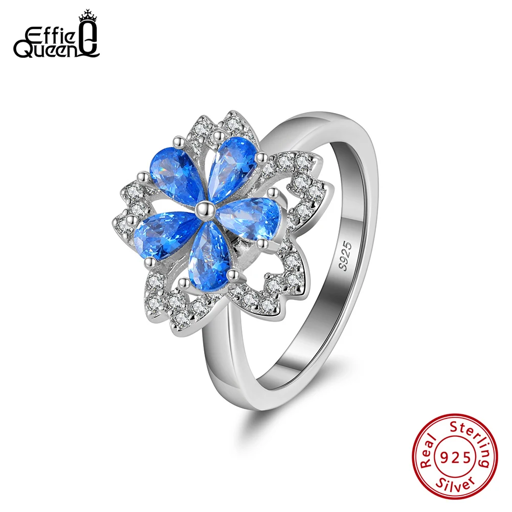 Effie Queen Rotatable Rings 925 Sterling Silver Petal Design AAAA Blue Water Drop Cubic Zirconia Size 6/7/8/9 Finger Gift LMR05