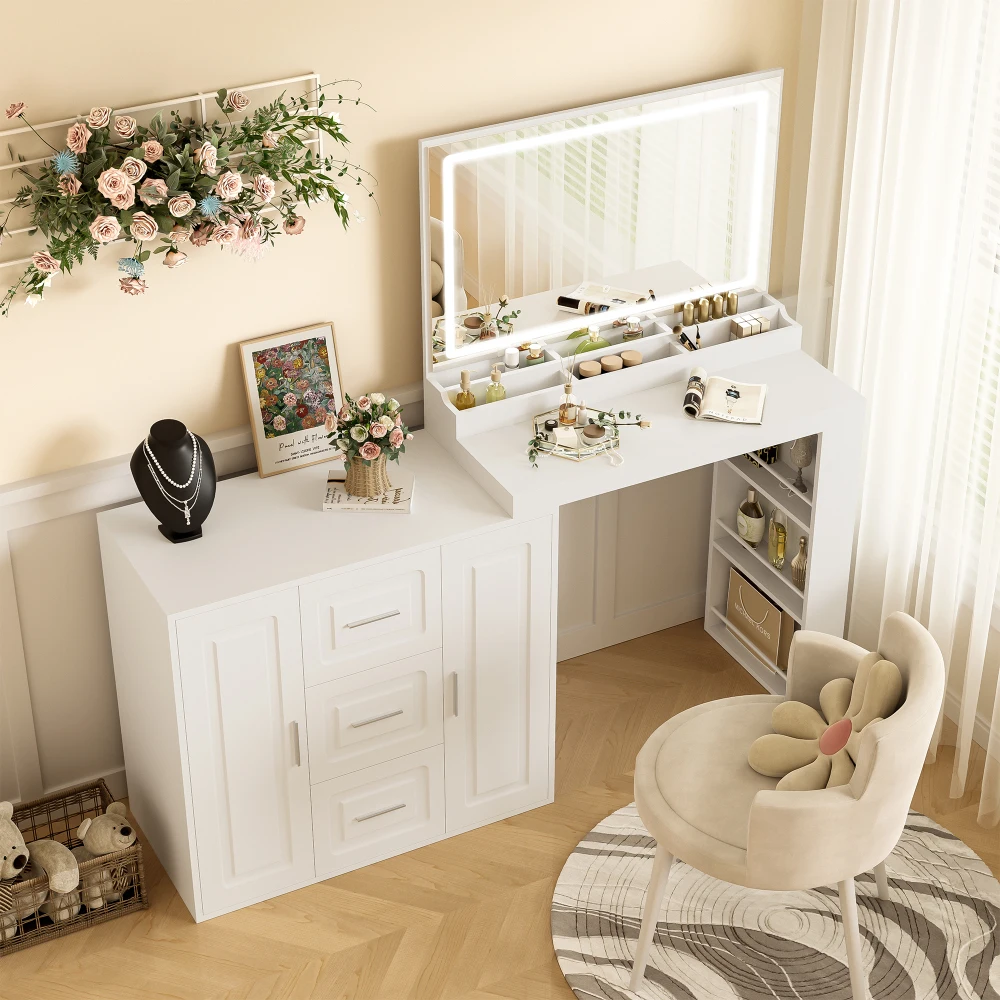 

59" Makeup Vanity Desk with Mirror & Lights, 3 Drawers, 2 Cabinets, Storage Shelves, Dressing Table for Bedroom, White