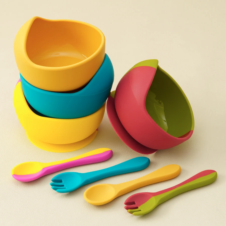 3PCS Silicone Baby Tableware Sets Non-slip Bowl Soft Spoon Fork Color Contrast Baby Feeding Training Dinner Set Baby Stuff