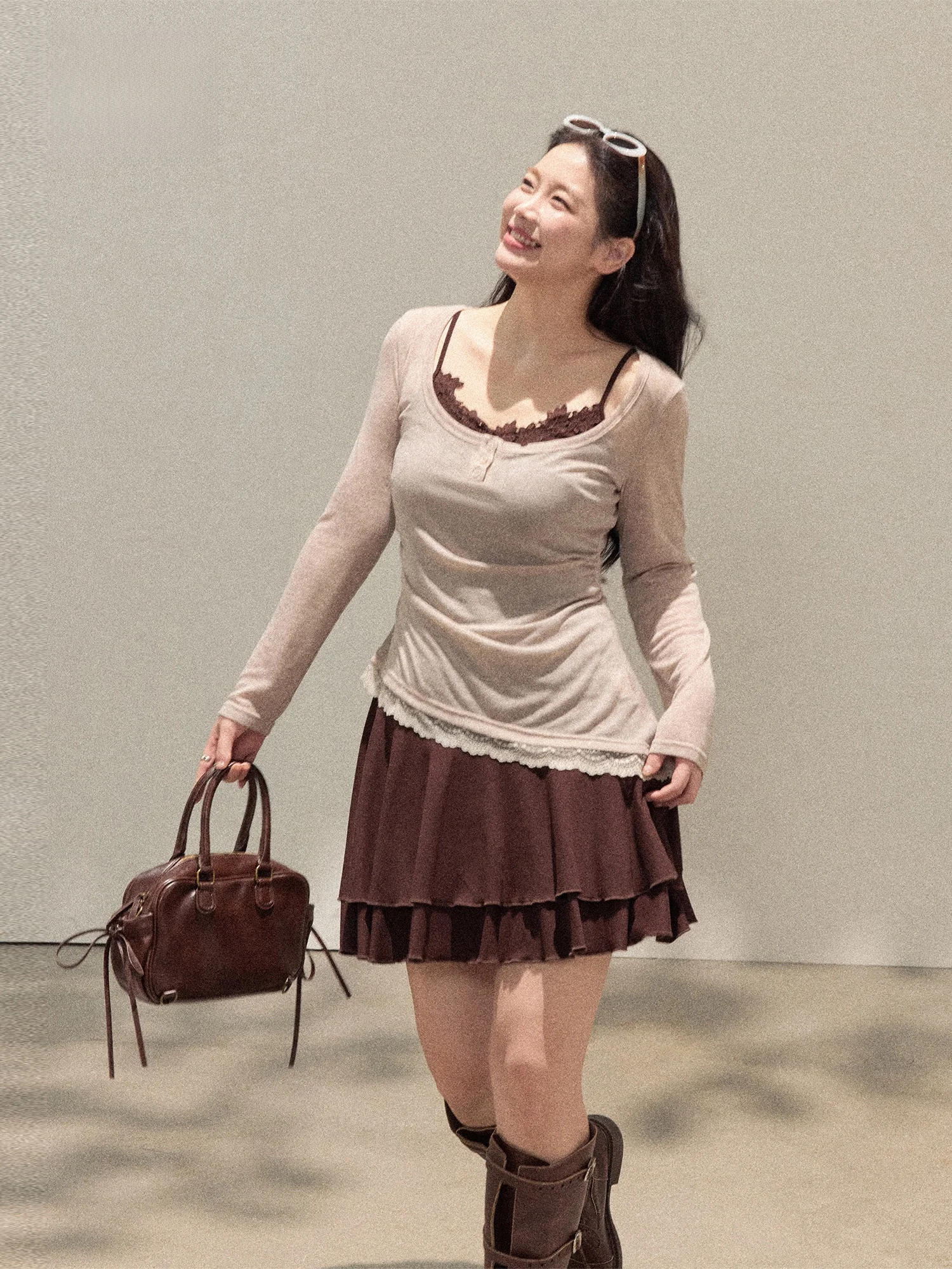 

plus Size Women's Lace Trimmed Halter Neck Dress Set Korean Style High Waist Short Skirt with Stand Collar Cover up