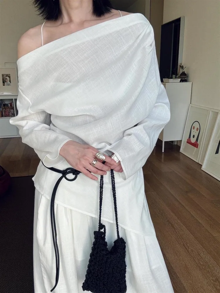 Females Summer Fashion Sets Chic Outfits Slash Neck Long Sleeve Asymmetric Off Shoulder Shirt Two-Piece Set Wide Leg Floor Pants