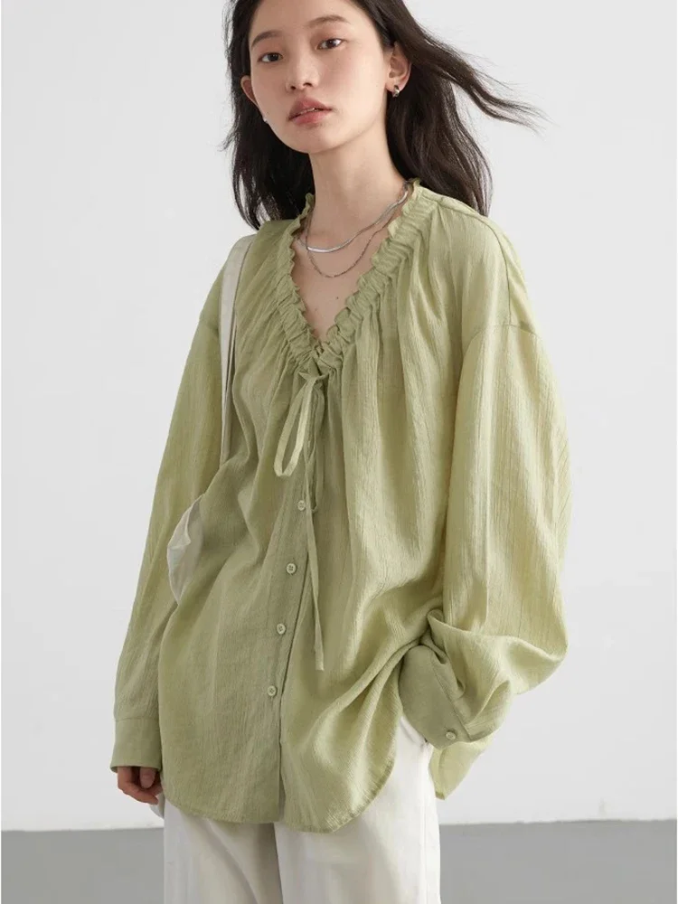 CHIC VEN Women Shirt Green New Loose V-neck Pleated Elastic Lace Collar Shirt Lace Up Female Blouses Woman Tops Summer 2024