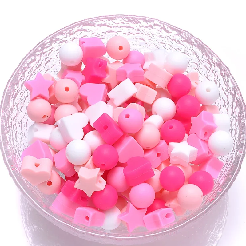 50Pcs Mix Style Silicone Beads Baby Heart Star Shape Nuring Teething Beads DIY Eco-friendly Pacifier Clips Chain Aaccessories