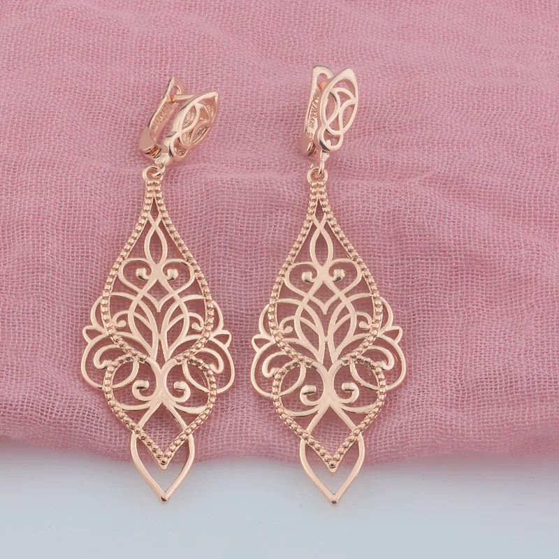 FJ Women Big Long 585 Rose Gold Color Weaving Flowers Earrings Jewelry