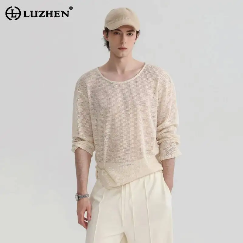 LUZHEN 2026 New Original Elegant Solid Color Loose Long Sleeve T-shirts Men's High Quality Mesh Breathable Casual Clothes JY7857