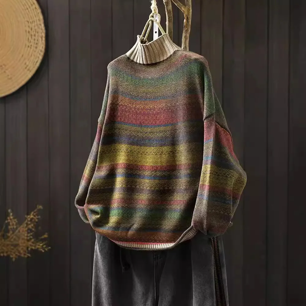 Classical Colorful Striped Turtle Neck Sweater For Women Korean Style Long Sleeve Loose Casual Knitwear Female Soft Cozy Tops