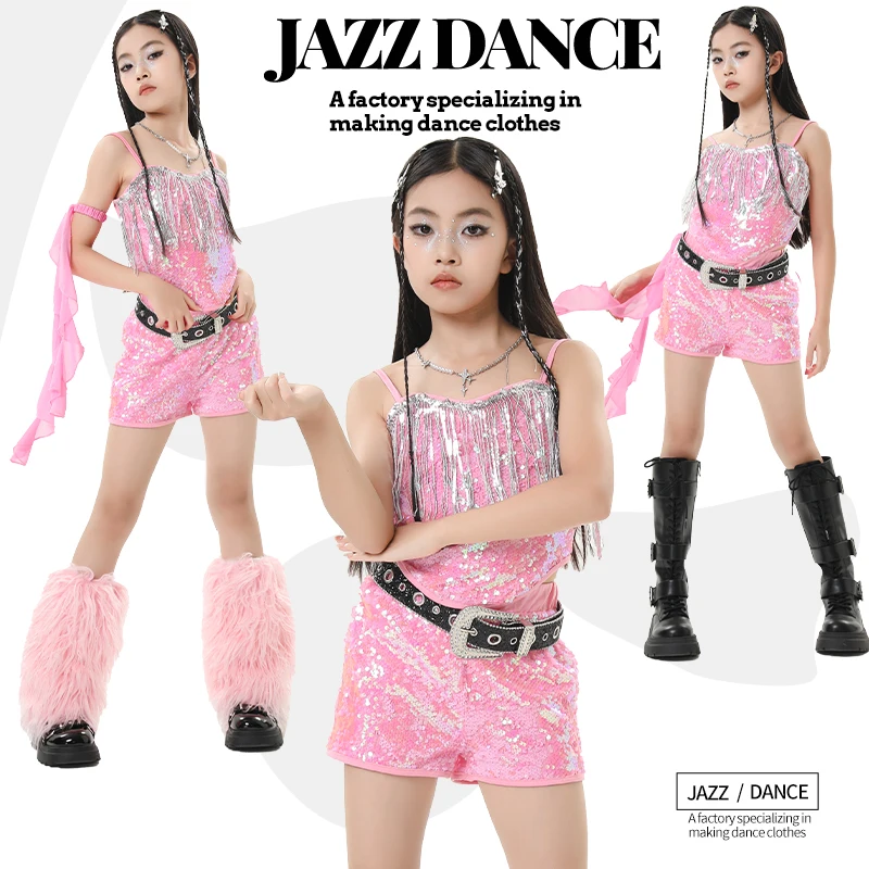 

Новинка 2024 года, современные костюмы для джазовых танцев для девочек, розовые костюмы Kpop с блестками, детская одежда для танцев в стиле хип-хоп, сценическая одежда DQS21552