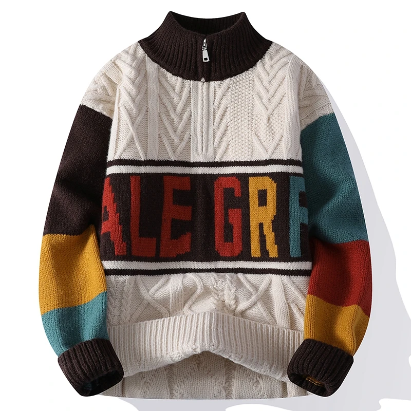 Men's Designer Original Color Block Jacquard Half-Zip Mock Neck Knit Sweater Cable Pattern Warm Anti-Pilling Autumn Winter Men's