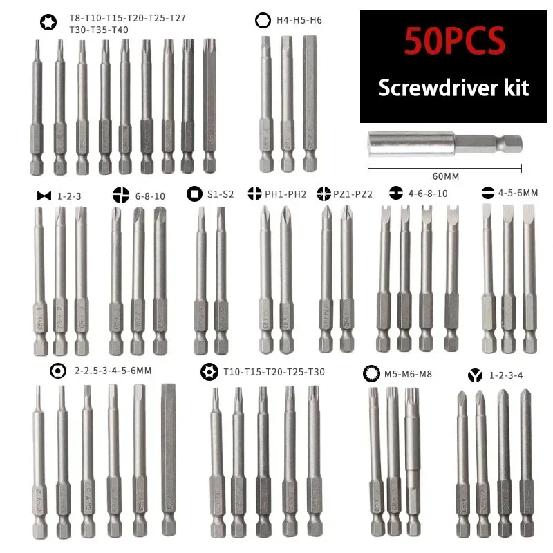 50/36 Pcs 75mm Extra Long Magnetic Screwdriver Bit Set Security Head 1/4 Screwdriver Bits Kit Bit Set Torx Star Hex Spline Bit