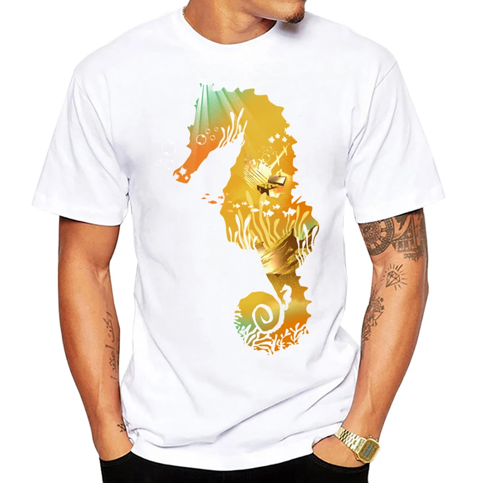 Kame Landscape seahorse T Shirt Men Summer Loose Oversized T-shirt Men\'s Funny Tops Fashion Tees Homme Brand Unisex Clothes