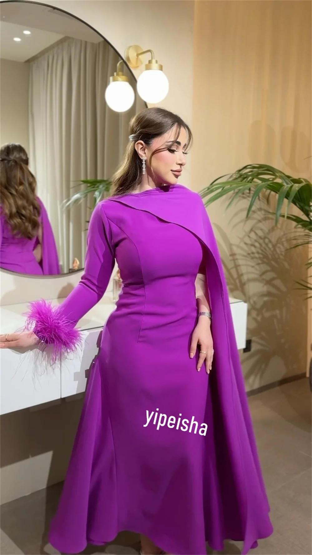 Jiayigong High Quality  Prom Jersey Feather Evening A-line High Collar Bespoke Occasion Gown Long Dresses