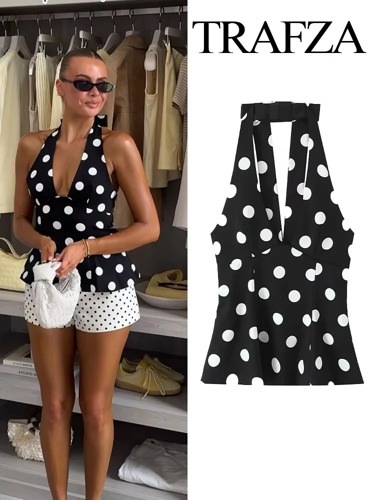 HH 2025 Woman Elegant Black Polka Dot Backless Bow Design Neck Halter Vest Tops Women Summer Sexy Sleeveless Backless Tops