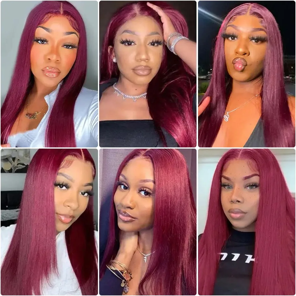 99Jバーガンディボーンストレート13x6 HDレースフロントウィッグ（黒人女性用）レッドカラー13x4 HDレースフロント人毛プレプラッキング済みウィッグ